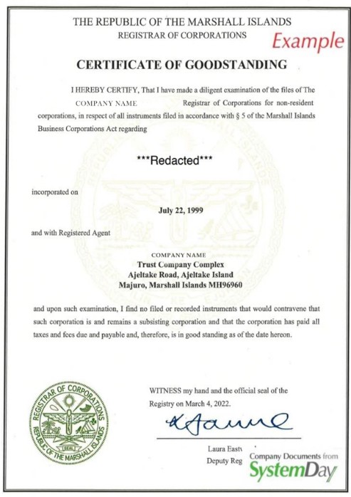 Marshal Islands Certificate of Good Standing